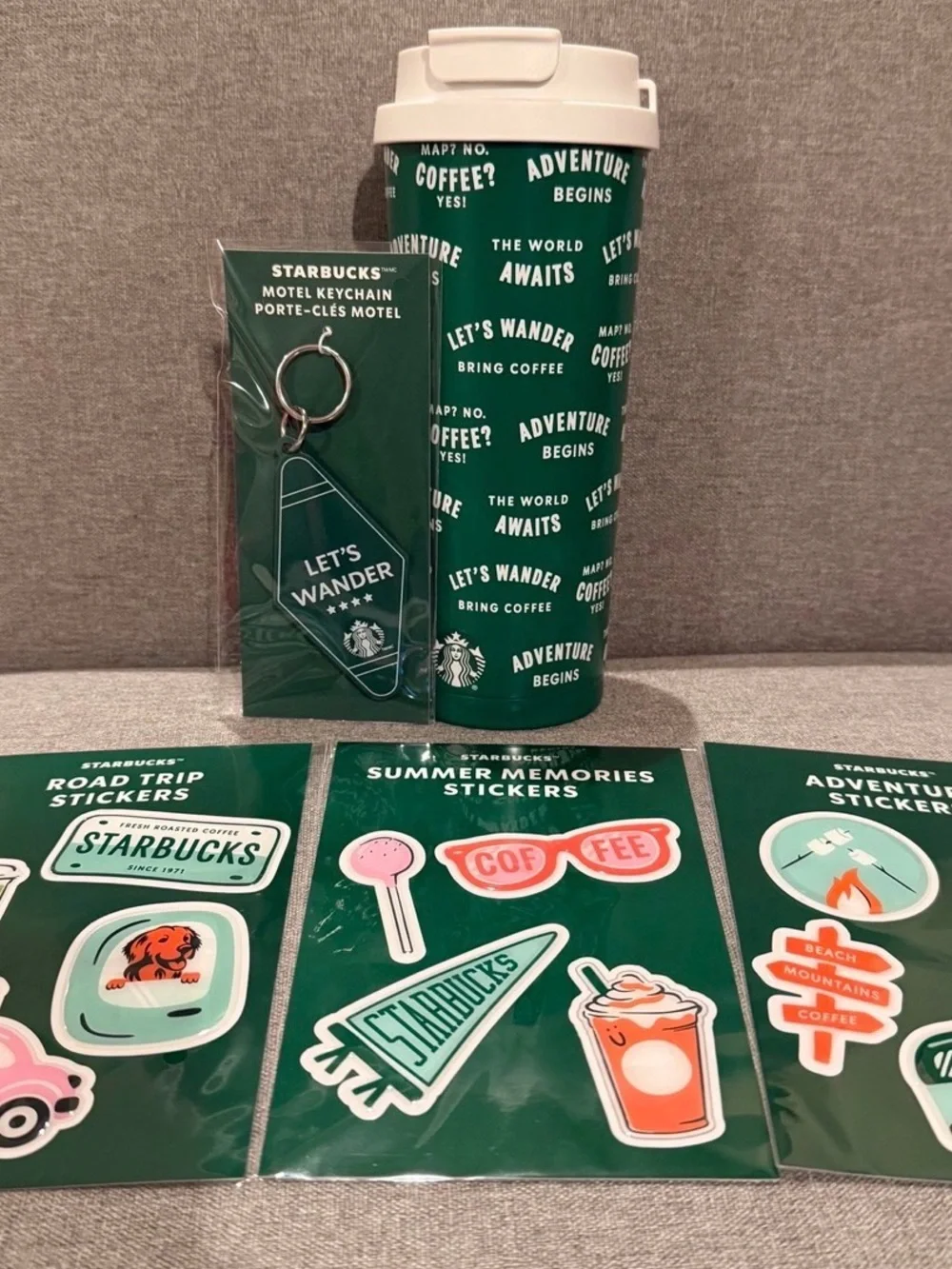 Starbucks Green Travel Tumbler with Keychain and Sticker Sheets